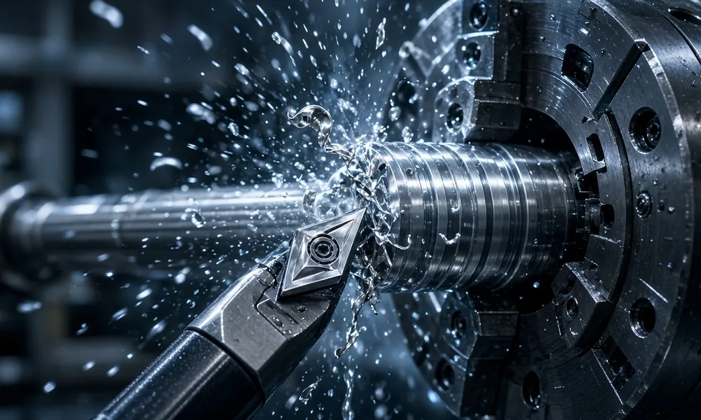 CNC turning close-up of a steel component, CNC machining job work in Ludhiana