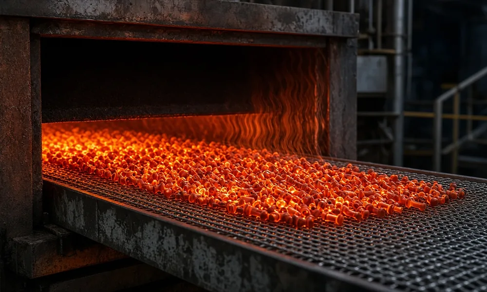 Mesh belt hardening and tempering furnace with steel parts on the belt, heat treatment in Ludhiana
